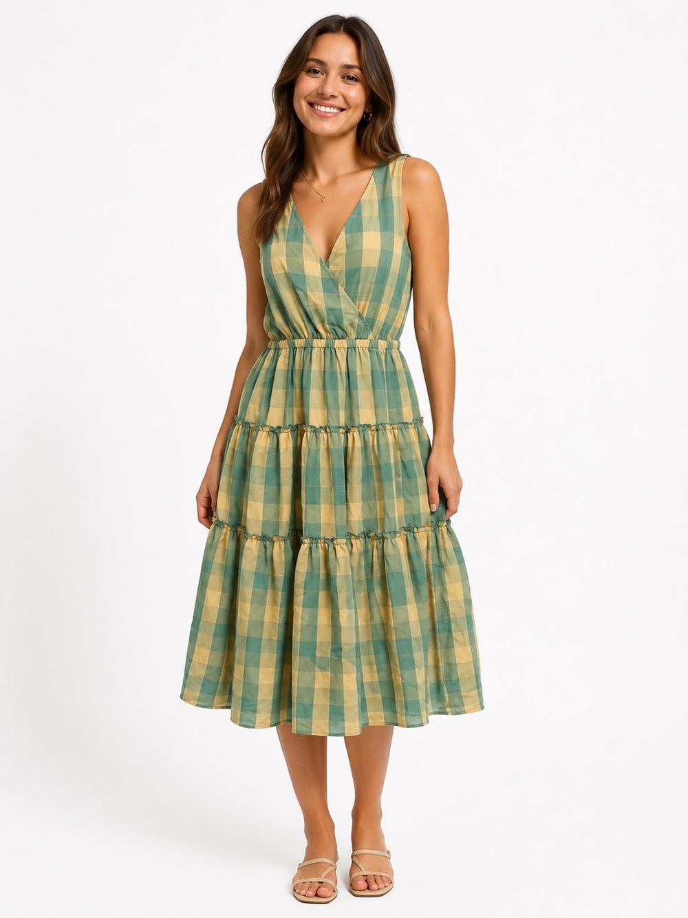 Sadie & Sage green plaid faux wrap ruffle midi dress